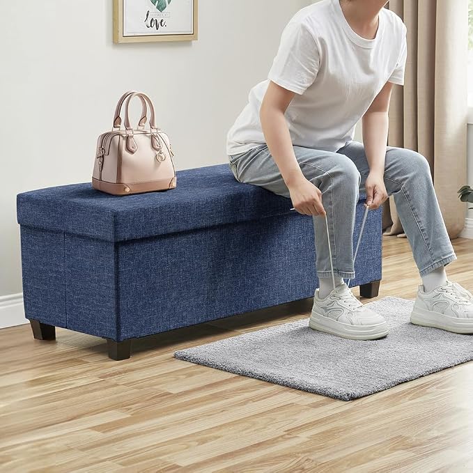 Ornavo Home 43 Inch Storage Ottoman, Large Storage Bench, Ottoman with Storage with Legs, Foot Rest Stool, Bedroom Bench - Navy Blue