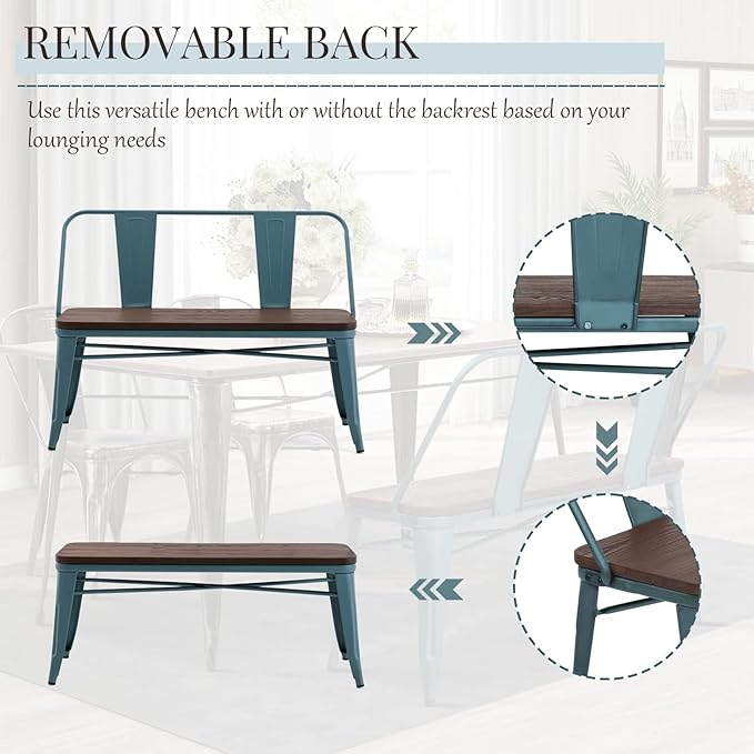 YOLENY Dining Bench, Entryway Bench with Back, Farmhouse Metal Dining Bench, Industrial Mid-Century 3 Person Rustic Spindle Bench, with Wood Seat, Removable Backrest, 42in, Blue