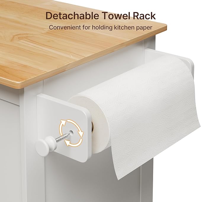 Gizoon Kitchen Island Cart with Adjustable Shelf, 33" W Mobile Trolley Cart on Metal Wheels with Drawer & Storage Cabinet, Spice Rack & Towel Rack, for Dining Room, Bar, White, Tabletop-Oak Color