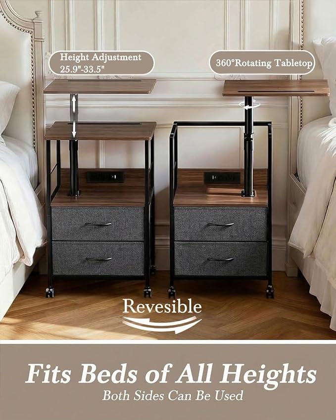 Faesun Swivel Lift Top Nightstand with Charging Station, Rolling Side Table for Recliner, Bedside Table with Wheels & 2 Fabric Drawers, for Small Spaces, for Bedroom, Living Room, Walnut Gray