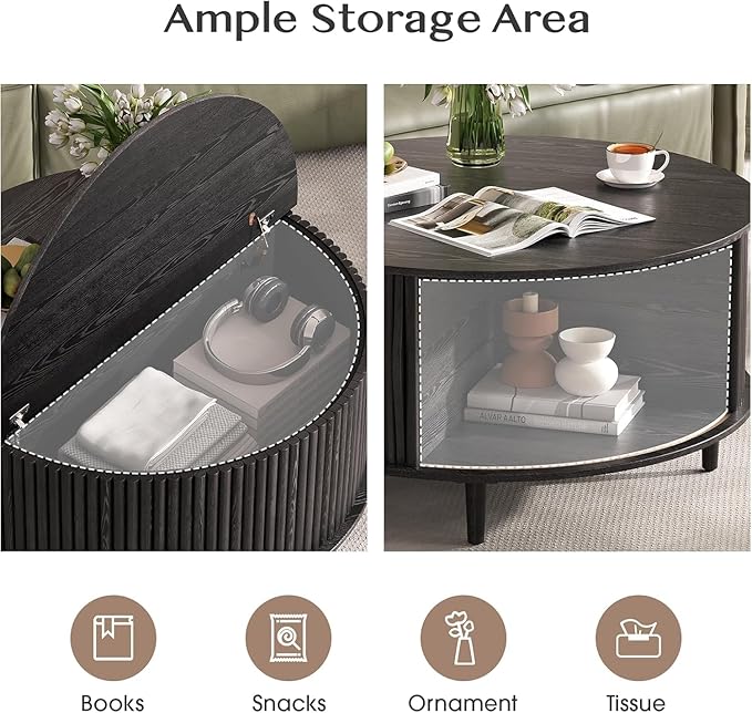 JOINICE Round Coffee Table and Sideboard Buffet Cabinet Set,31.5" Fluted Center Table with Sliding Door for Living Room,63" Arched Credenza Storage Cabinet with Glass Doors,Modern Wood Furniture,Black