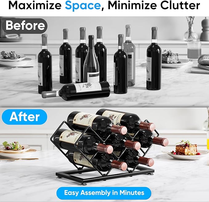 POKIPO Countertop Wine Rack - 7 Bottles Metal Small Wine Rack Wine Bottle Holder Storage Space Saving for Home Kitchen Bar Tableop Cabinet Pantry