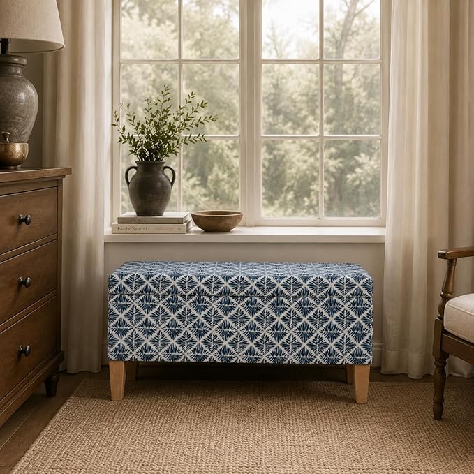 HomePop Large Decorative Storage Bench with Flip-Top - Blue Geometric Pattern - Cotton Fabric - Natural Wood Legs