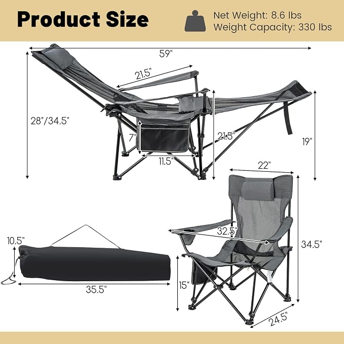 GYMAX Camping Chair, Adjustable Reclining Lounge Chair w/Removable Footrest, Padded Pillow, Cup Holder & Side Pocket, Folding Camping Mesh Chair w/Carry Bag for Outdoor Patio Lakeside (1, Grey)