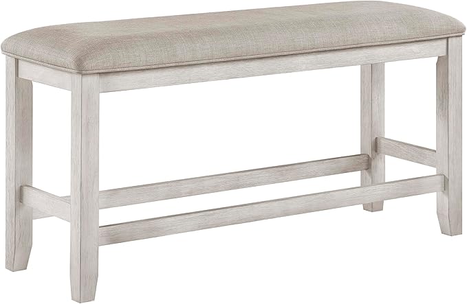 Lexicon Counter Height Dining Bench with Padded Seat and Wooden Frame, Entryway Bench, Light Gray Textured Fabric Upholstered Dining Seat for Kitchen/Living Room, 25.5" SH, Brushed Antique White