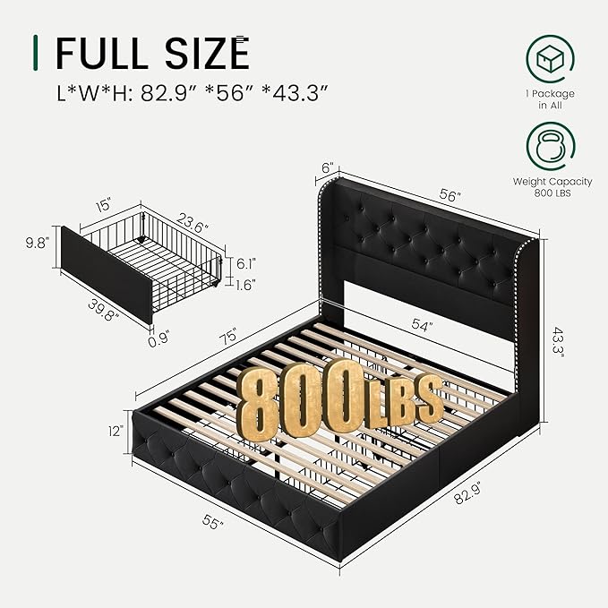 LARMACE Full Size Bed Frame with 4 Storage Drawers and Wingback Headboard Velvet Upholstered Platform Bed Frame Tufted Beds with Wooden Slats Support, Easy Assembly, Black