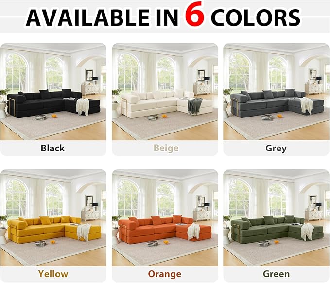 HANXIN 108" Modular Sectional Sofa, Futon Convertible Sofa Bed,Oversized Corduroy Boneless Couch for Living Room,Floor Loveseat Sleeper with Pull Out Bed,Free Combination,No Assembly Required (Beige)