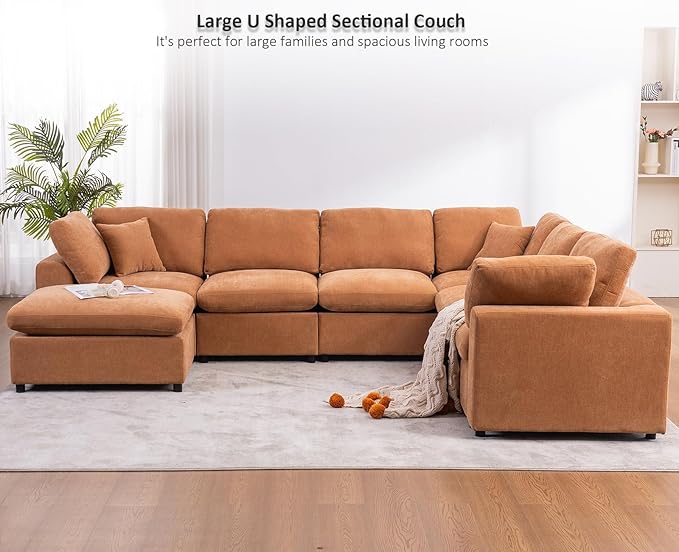 Oversized Modular Sectional Sofa Couch, Large 7 Seater Corner Sofa Modern U Shaped Sectional Couch with Ottoman Cloud Couches for Living Room, Office, Spacious Space, Light Brown