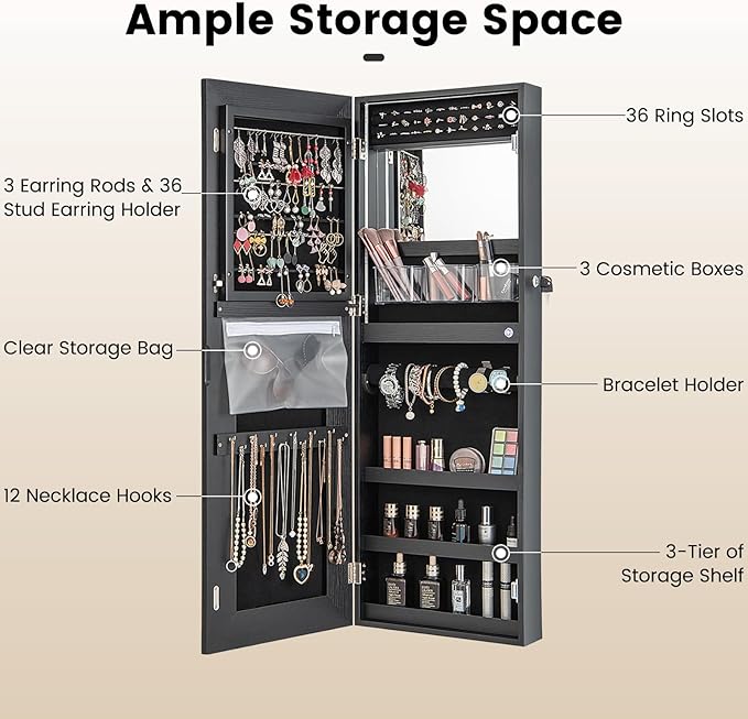 CHARMAID LED Mirror Jewelry Cabinet, Lockable Jewelry Armoire with Adjustable Lighted Full Length Mirror, 3 Lighting Sets, Wall Mounted Door Hanging Jewelry Storage Organizer (Black, 42.5''H)