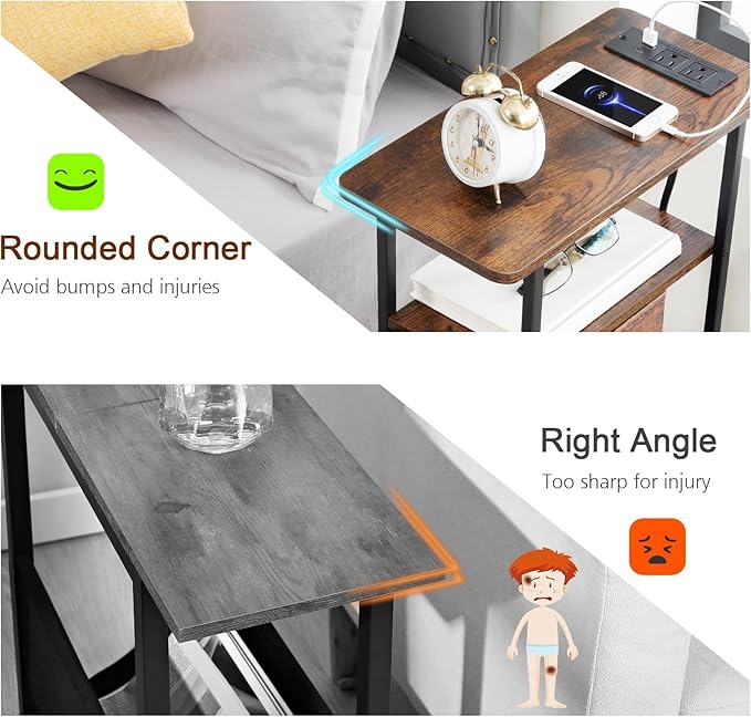 LOAKEKEL Narrow End Tables Living Room Set of 2 with Charging Station, Skinny Side Table with Fabric Drawers, Slim Nightstand for Bedroom, Small Spaces, Couch, Rustic Brown, HETNDP03PBR