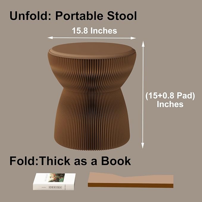 Accordion Folding Stool, Bouquet Shaped Collapsible Kraft Paper Stool for Adults, 660lbs Honeycomb Fold Up Ottoman, Portable Under Desk Footrest Seat for Living Room, Dorm & Office (15 Inch, Brown)