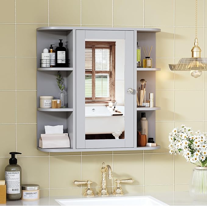 VINGLI Grey Mirror Medicine Cabinet Wall Mounted, Bathroom Storage Organizer Over Toilet with 6 Open Curved Shelves, Adjustable Vanity Cupboard with Single Door for Entryway & Living Room, Grey