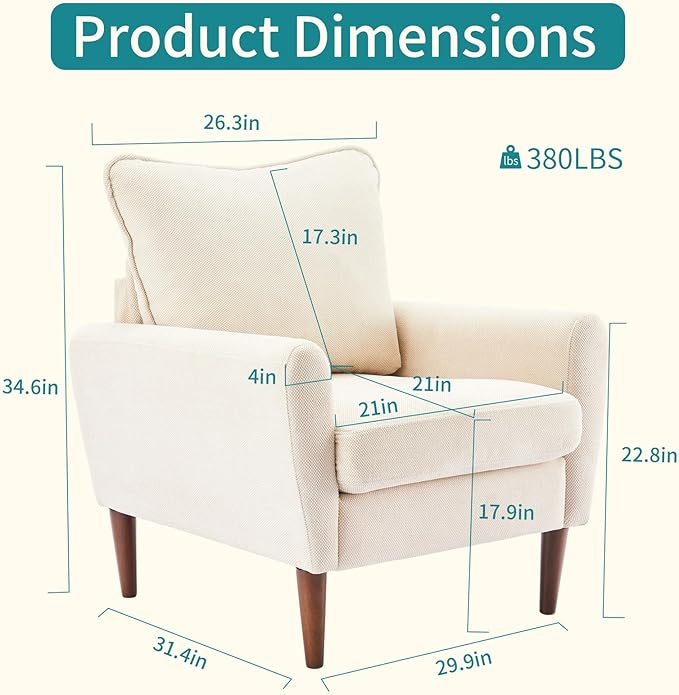 OLIXIS Comfy Accent Chair for Living Room Bedroom and Waiting Room, Upholstered Mid-Century Reading Chair with Pillow and Solid Wood Legs, Wide Singe Modern Lounge Sofa, Cream Beige