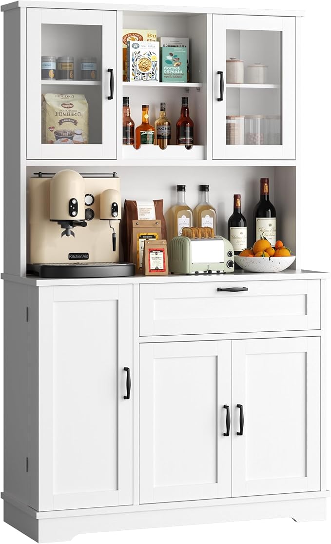 Vongrasig Kitchen Pantry Cabinet, Farmhouse Kitchen Hutch Tall Storage Cabinet with Doors and Shelves, Modern Food Pantry for Dining Room, White