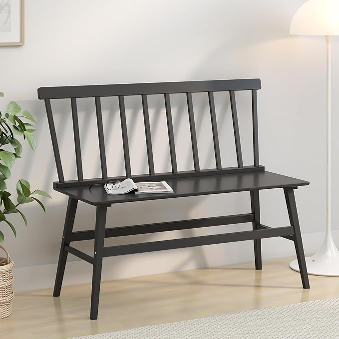 Bamboo Dining Bench, Entryway Bench with Spindle Back Farmhouse Wood Windsor for Foyer Balcony Living Room (Black)