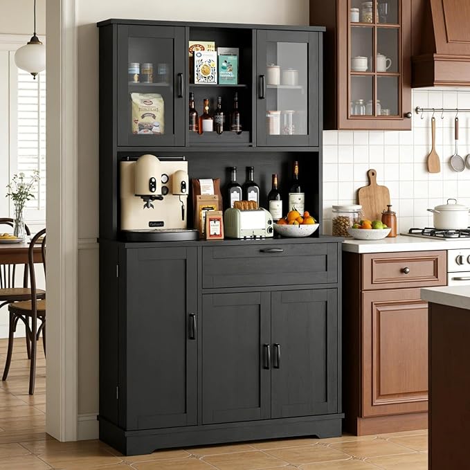Vongrasig Farmhouse Pantry Cabinet with Acrylic Doors, Large Kitchen Hutch Storage Cabinet for Dining Room, Tall Food Pantry Organization, Microwave Stand, Black