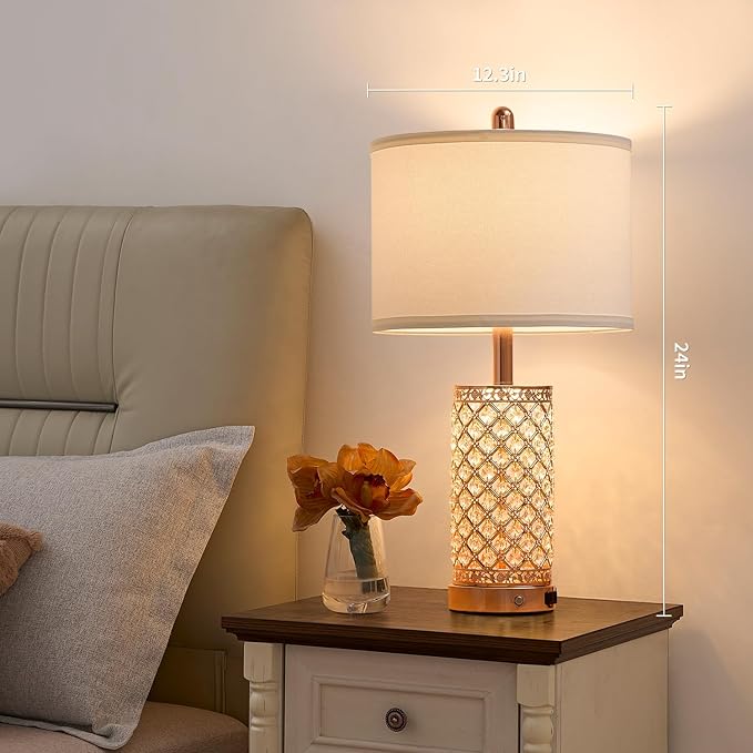 SAIWEYA Crystal Table Lamps 3-Way Dimmable Bedroom Lamp with 2 USB Ports & AC Outlets for Living Room Retro Bedside Nightstand Lamp Night Light (Rose Gold- 1 Pack 24In)