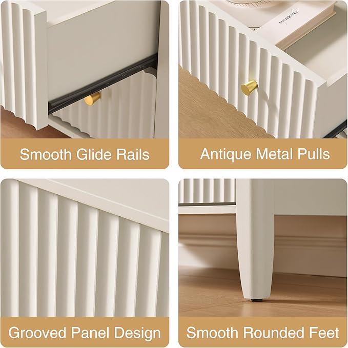 Fluted Nightstand with Charging Station Set of 2, 21" Wide Modern Bedside Table with 2 Drawers & Open Shelf, Wood End Table with Storage & Metal Handle for Bedroom, Small Spaces, Cream White