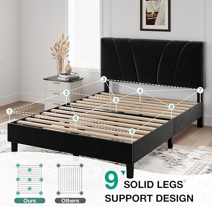Novilla Queen Bed Frame, Queen Size Bed Frame with Wooden Slats Support, Velvet Upholstered Headboard, No Box Spring Needed, Heavy Duty Feet, Easy Assembly, Black Velvet