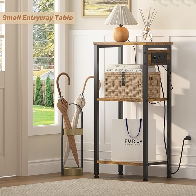 Asgolion Tall End Table with Charging Station, 3 Tier Narrow Tall Nightstand with Storage, Slim Side Table with USB Ports and Outlets for Bedroom, Living Room, Office, Rustic Brown and Black