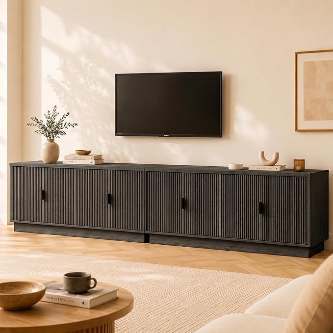Fatmok Fluted TV Stand for up to 75" TVs, 68" Entertainment Center with 4 Doors, Modern Media Console with Adjustable Shelves & Storage Cabinets, Black and Grey
