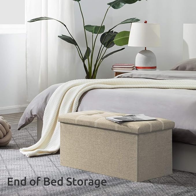 YOUDENOVA 30 Inch Storage Ottoman, Folding Ottoman with Storage, Linen Storage Bench Supports Up to 350 lbs, Footrest Seat for Living Room, Bedroom, Beige