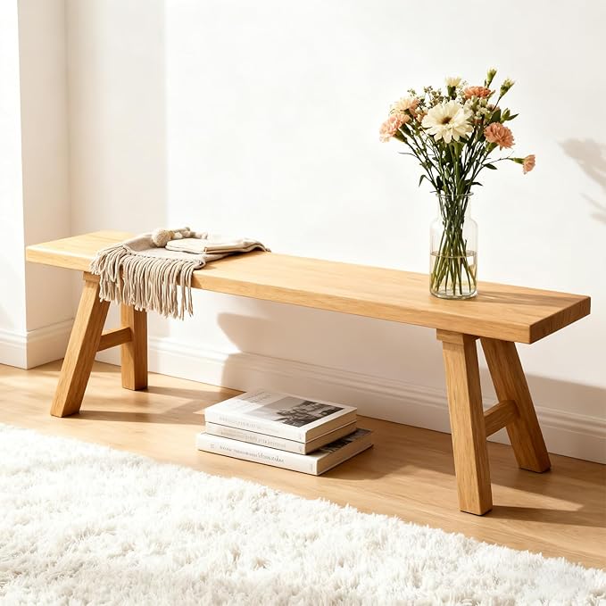 Solid Wood Entryway Bench - 39.3" Rustic Farmhouse Dining Bench for Hallway, Bedroom, Kitchen - Natural Elm Wood Finish
