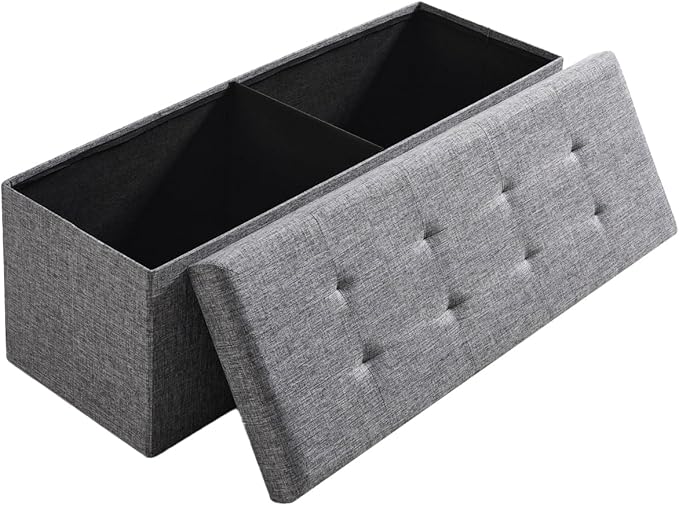 Ornavo Home Folding Storage Ottoman, 43 Inch Extra Large Storage Bench with Lid, Foot Rest Stool for Bedroom, Living Room, Entryway, Tufted Linen Upholstered - Gray