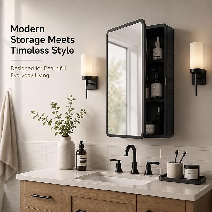 Medicine Cabinet with Mirror, 16x22 inch Black Recessed Medicine Cabinet or Surface Wall Mount Bathroom Cabinets with Adjustable Shelves Metal Framed Mirror, Rounded Rectangle Storage Cabinet