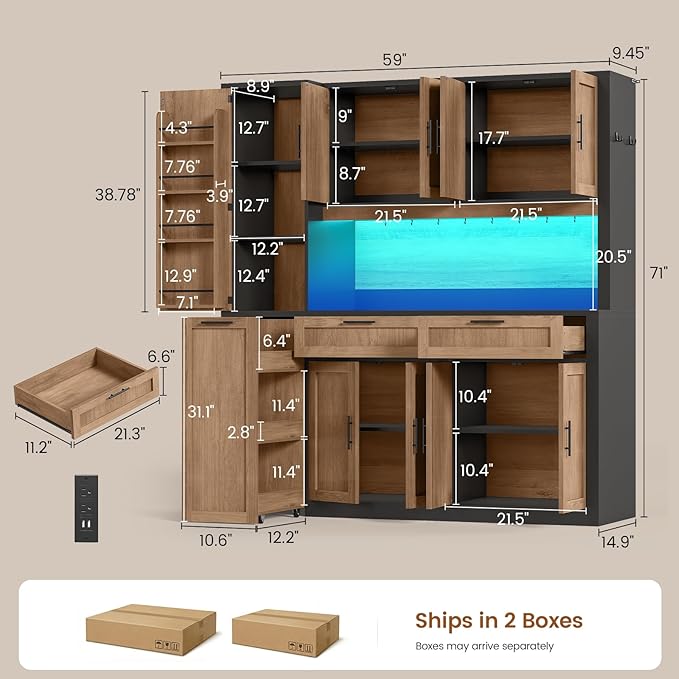 Itaar 71" Kitchen Pantry Cabinet with Charging Station and Led Light, Kitchen Storage Cabinets with Microwave Stand, 59" Wide Pantry Storage Cabinet with Storage Cart 3 Tier for Dining Room, Brown