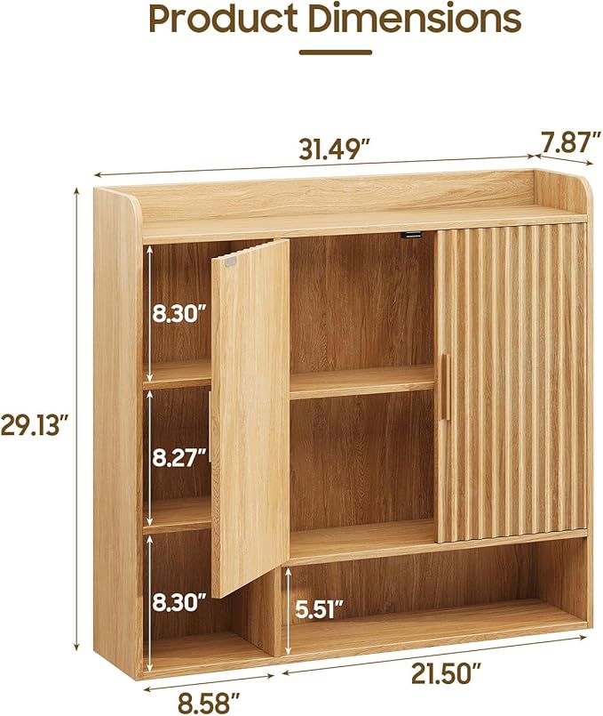 Vabches Fluted Bathroom Wall Cabinet, Wooden Medicine Cabinet Organizer with 2 Doors and Adjustable Shelf, Over The Toilet Storage Cabinet for Laundry Room and Living Room