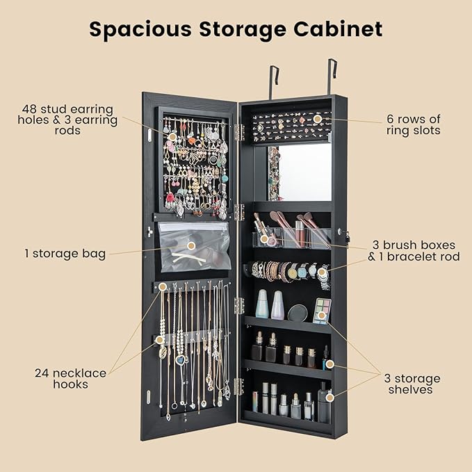 CHARMAID LED Mirror Jewelry Cabinet, 47.2'' Jewelry Armoire with Adjustable Lighted Full Length Mirror, Wall Mounted or Door Hanging, Lockable Jewelry Organizer Storage (Black, 47.2''H)