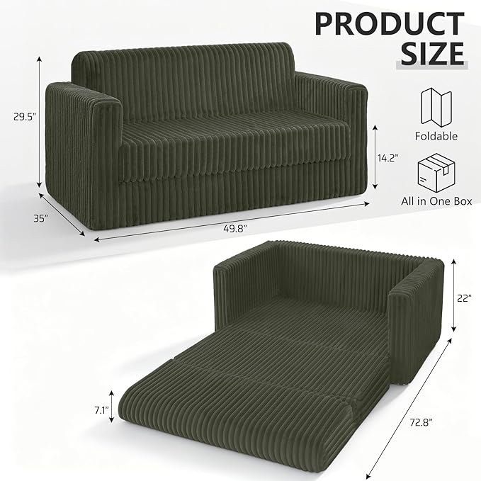HABUTWAY 49.8" Loveseat Boneless Couch, 4-in-1 Convertible Sofa Bed, Plush Fur Folding Futon Sofa Bed Couches Without Pillow for Living Room, High-Density Foam Support, No Assembly Required, Green