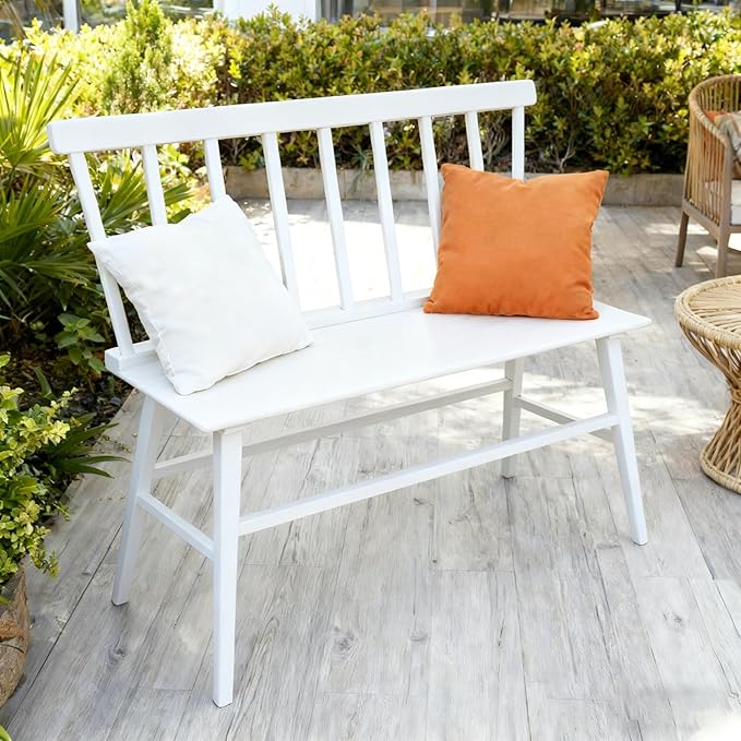 WISUCART Dining Bench for Kitchen & Dining Room – Bamboo Wood Bench with Spindle Back & Armrests, Farmhouse Entryway Bench, Indoor Bedroom Bench, Versatile Entry Bench & Outdoor Bench Seating（White）