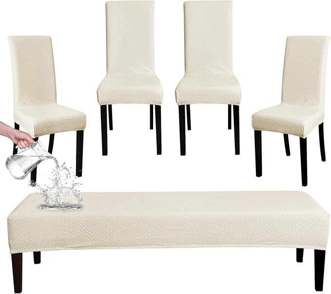 FORCHEER Waterproof Beige Dining Chair Cover Set of 4 and Bench Cover Jacquard 54x18inch Bench Slipcover and 4 Piece Chair Cover Set Washable