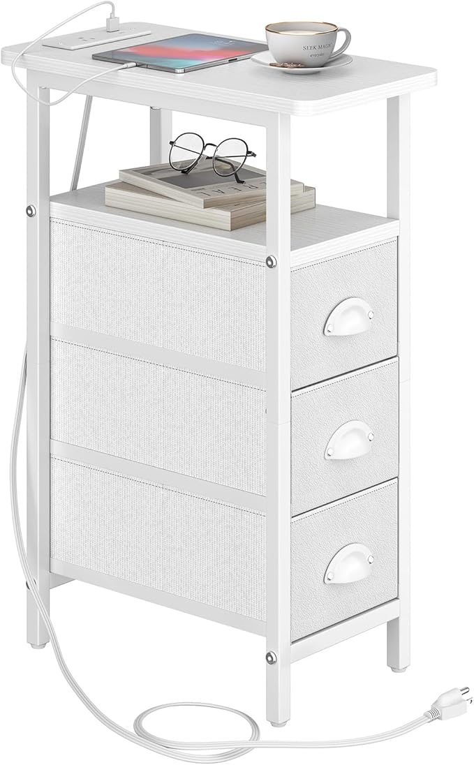 Sthmec End Table with Charging Station,Narrow Side Tables with USB Ports and Outlets,Skinny Bedside Tables with 3 Drawers,Small Tables Nightstands for Small Space,Slim Sofa Table for Livingroom, White