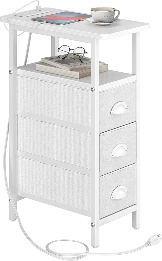 Sthmec End Table with Charging Station,Narrow Side Tables with USB Ports and Outlets,Skinny Bedside Tables with 3 Drawers,Small Tables Nightstands for Small Space,Slim Sofa Table for Livingroom, White