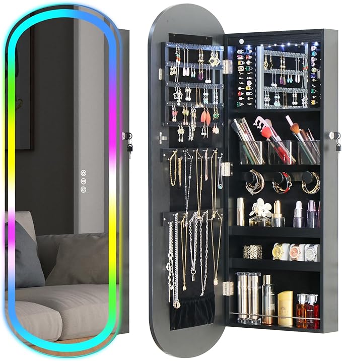RGB Lighted Mirror Jewelry Armoire Organizer,LED Jewelry Cabinet Wall/Door Mounted, Over the Door Full-Length Lockable Rounded Wide Mirror with Storage Interior Mirror Black Gift for Her Chrismas