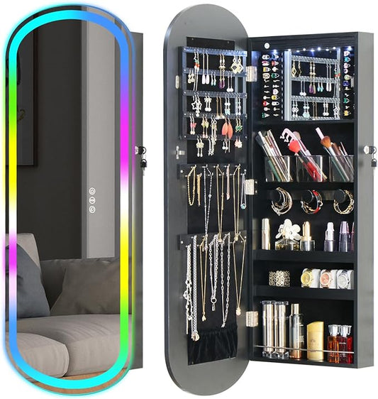 RGB Lighted Mirror Jewelry Armoire Organizer,LED Jewelry Cabinet Wall/Door Mounted, Over the Door Full-Length Lockable Rounded Wide Mirror with Storage Interior Mirror Black Gift for Her Chrismas