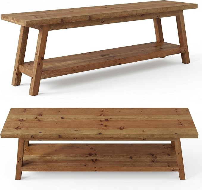 Set of 2 63” Wood Dining Room Bench, Farmhouse Kitchen Bench with Storage Shelf, Solid Wood Rusit Backless Bench for Dining Table, Extra Long Seating for Kitchen Room
