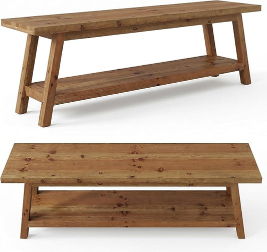 Set of 2 63” Wood Dining Room Bench, Farmhouse Kitchen Bench with Storage Shelf, Solid Wood Rusit Backless Bench for Dining Table, Extra Long Seating for Kitchen Room