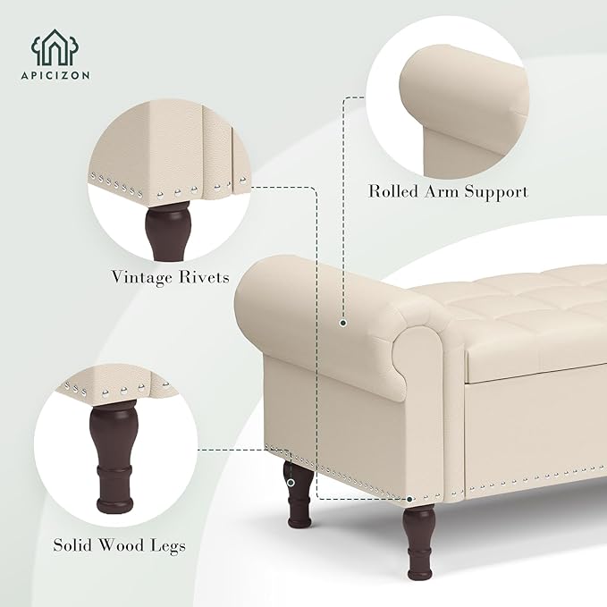 Apicizon 60” Bench with Storage, Faux Leather Ottoman Bench with Rolled Arm & Vintage Rivets, End of Bed Bench for Bedroom, Living Room, Entryway, Beige+Brown Legs