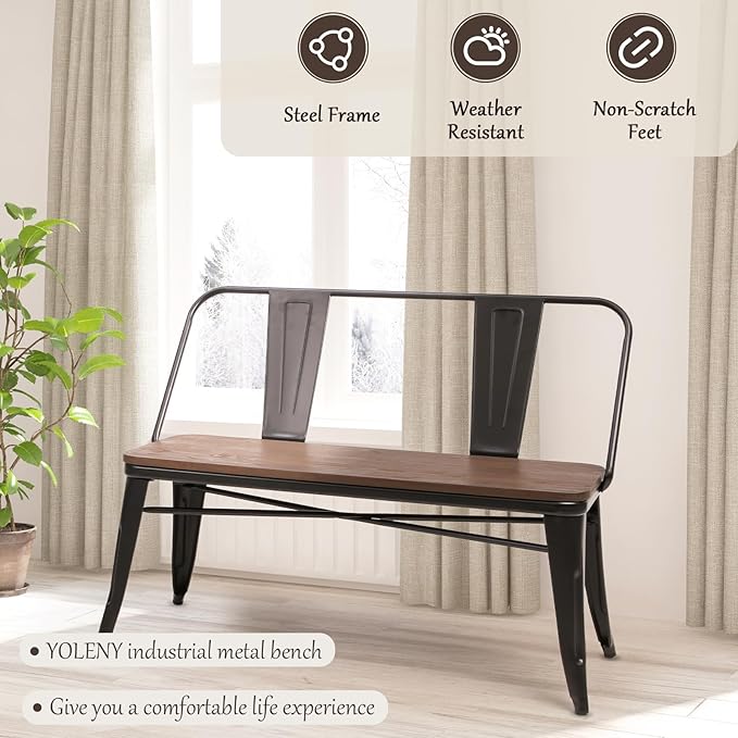 YOLENY Dining Bench, Entryway Bench with Back, Farmhouse Metal Dining Bench, Industrial Mid-Century 3 Person Rustic Spindle Bench, with Wood Seat, Removable Backrest, 42in, Black