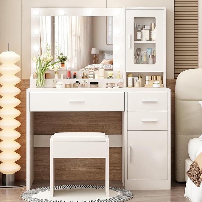 Makeup Vanity Desk Set with LED Lights Mirror Chair, Vanity Table with 7 Storage Shelves and 3 Drawers,3 Lighting Modes Adjustable Brightness Dressing Table for Bedroom,White