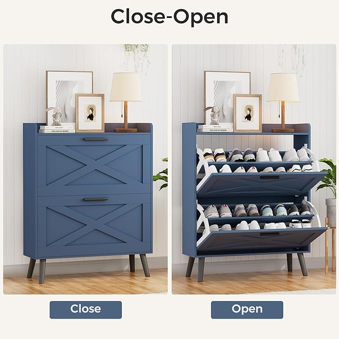 Homleke 32" W Farmhouse Shoe Storage Cabinet with 2 Flip Drawers and Barn Door Design, Adjustable Shelves, Modern Hidden Slim Narrow Shoe Rack Cabinet for Entryway, Foyer, Hallway, Living Room, Blue