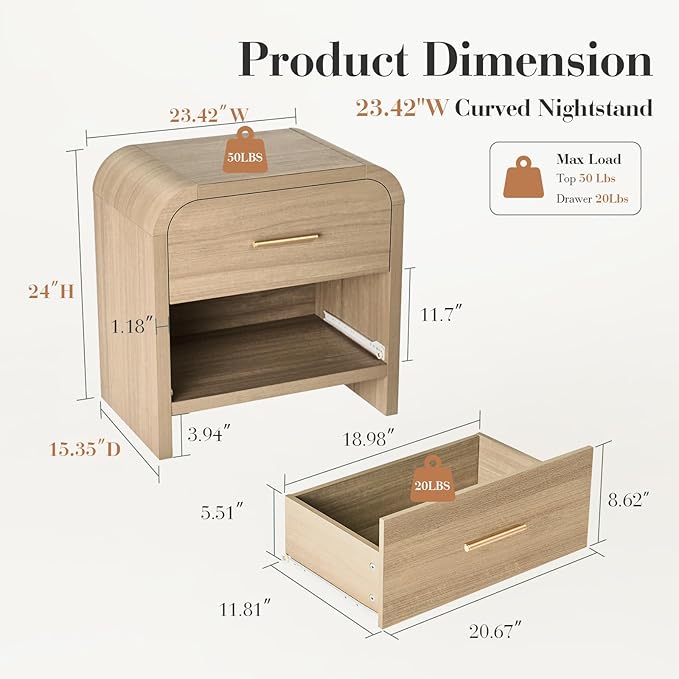 Night Stand Set of 2 [Unique Curved Profile] [FSC-Certified Wooden Board] 2-Drawer Nightstand 24" H Metal Handle Modern Sturdy Bedside Table Side Table End Table