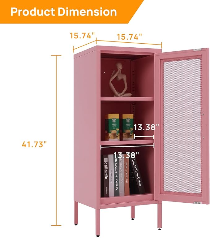 Slim Metal Storage Cabinet with Mesh Doors - 42'' Tall Narrow Organizer Tower, Compact Freestanding Cabinet, Versatile Utility Storage for Home, Office, Kitchen, Living Room, Durable and Modern Design