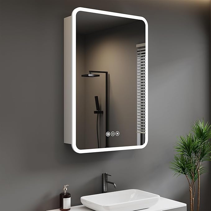 Medicine Cabinet with LED Lights and Mirror, 16 x 24 Inch Surface or Recessed Mounted Bathroom Cabinet with Door, Defogger, Memory Function, 3-Color Mode, Outlet&USB, Dimmer, Storage Shelf