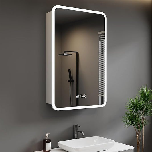 Medicine Cabinet with LED Lights and Mirror, 16 x 24 Inch Surface or Recessed Mounted Bathroom Cabinet with Door, Defogger, Memory Function, 3-Color Mode, Outlet&USB, Dimmer, Storage Shelf
