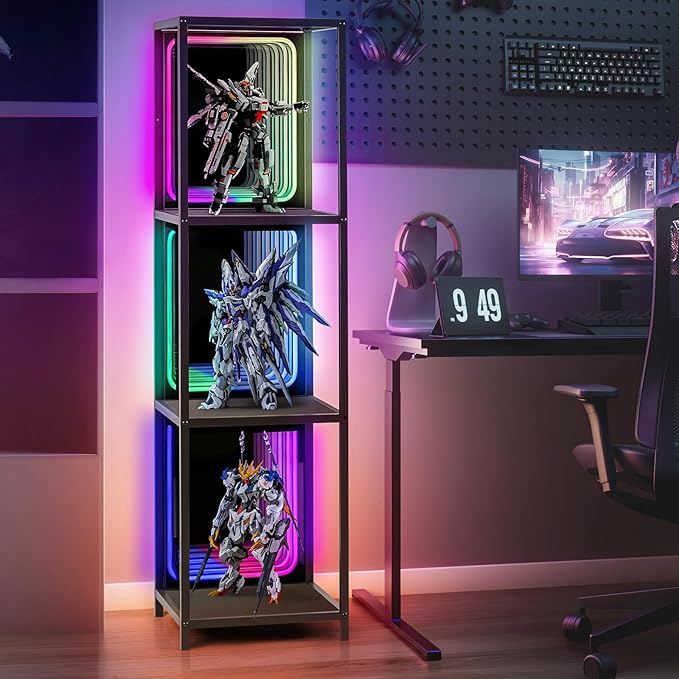 FUSLITE 3 Tier Storage Cabinet with LED Infinity Mirror Light, RGBW Display Cabinet with Adjustable Color Temp for Bedroom Office Gaming Room Decor,Action Figures, Collectibles, Black